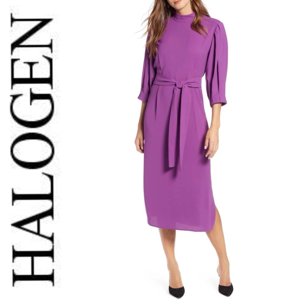 Halogen Elegant Purple midi bishop Sleeve Dress with Flattering Silhouette